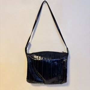 Lee Sands Eel Skin Zip Shoulder Crossbody Satchel Bag Purse Black 12” x 11”